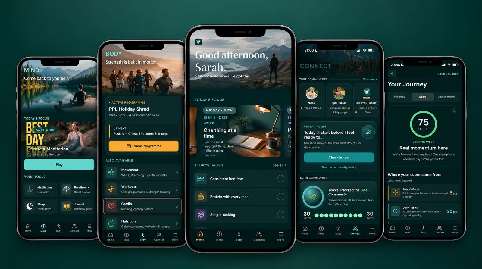 The VYVE app on five phones: the Mind hub, a Body programme, the Home screen, the Connect session calendar and a monthly check-in
