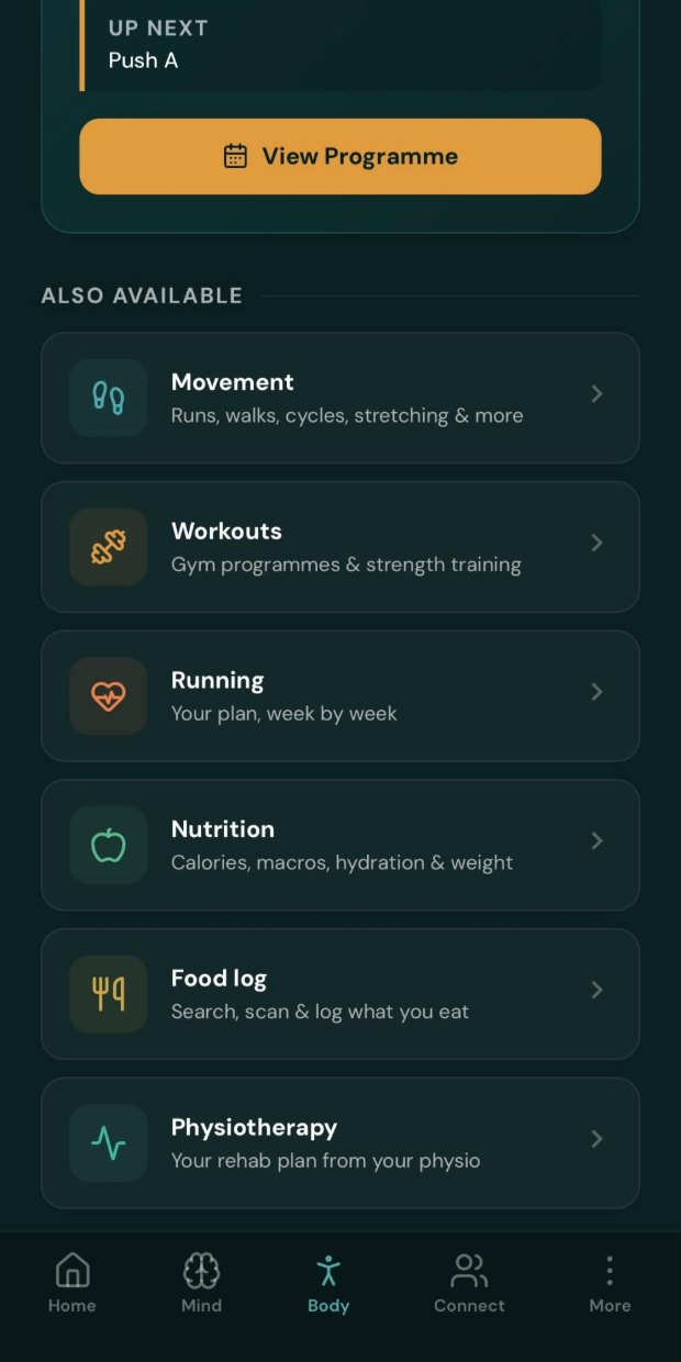 VYVE Body tab with workouts, running, nutrition and physiotherapy
