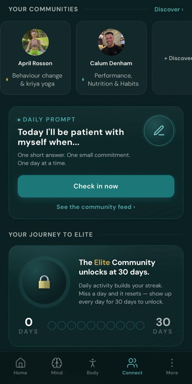 VYVE Connect tab with expert-led communities and a daily prompt