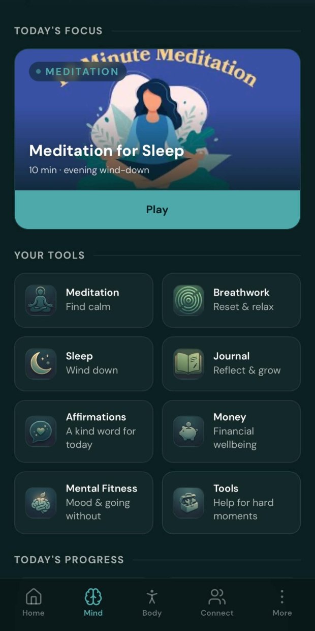 VYVE Mind tab with meditation, breathwork, sleep and journal tools