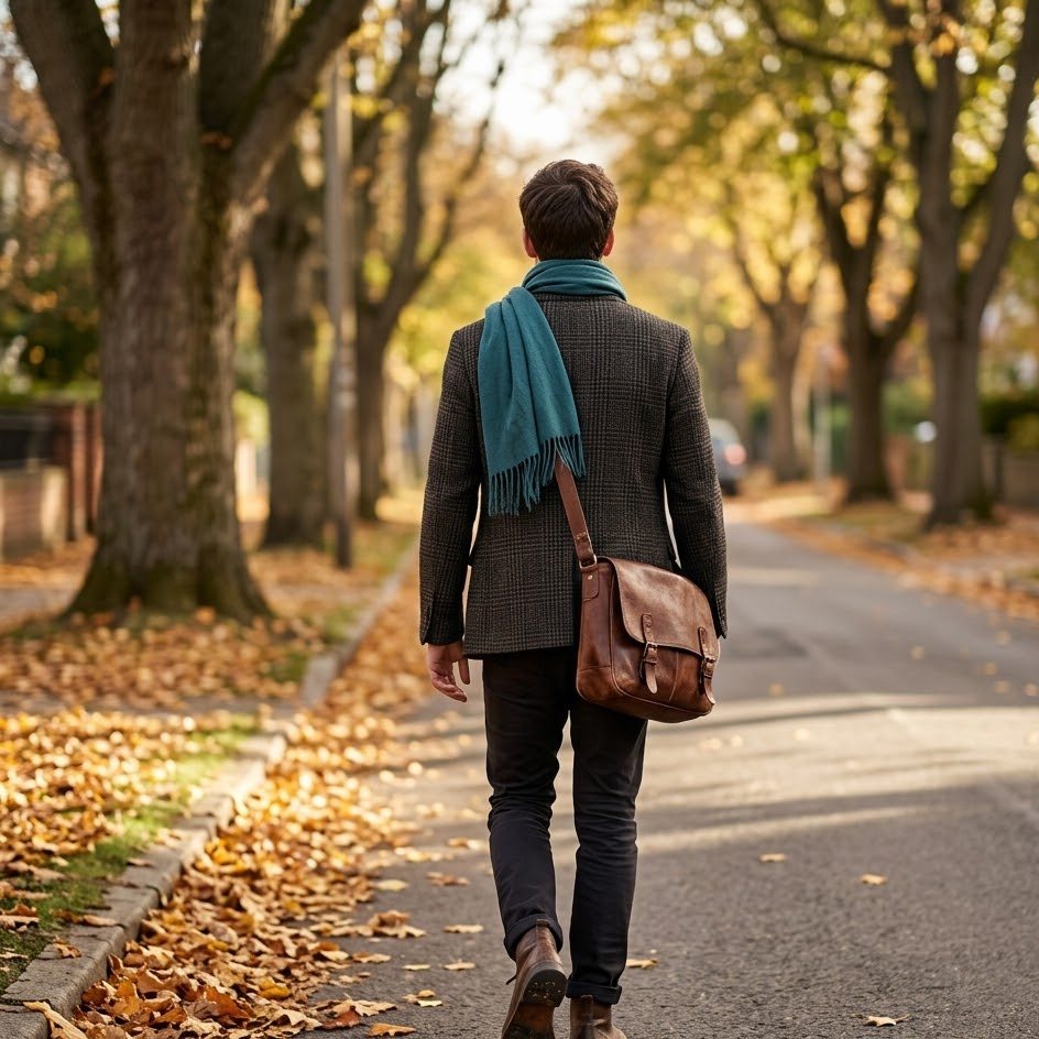 Man walking along a leafy autumn street