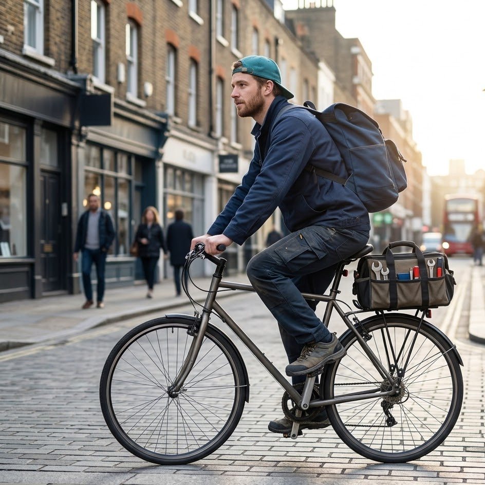 Tradesperson cycling through a London street