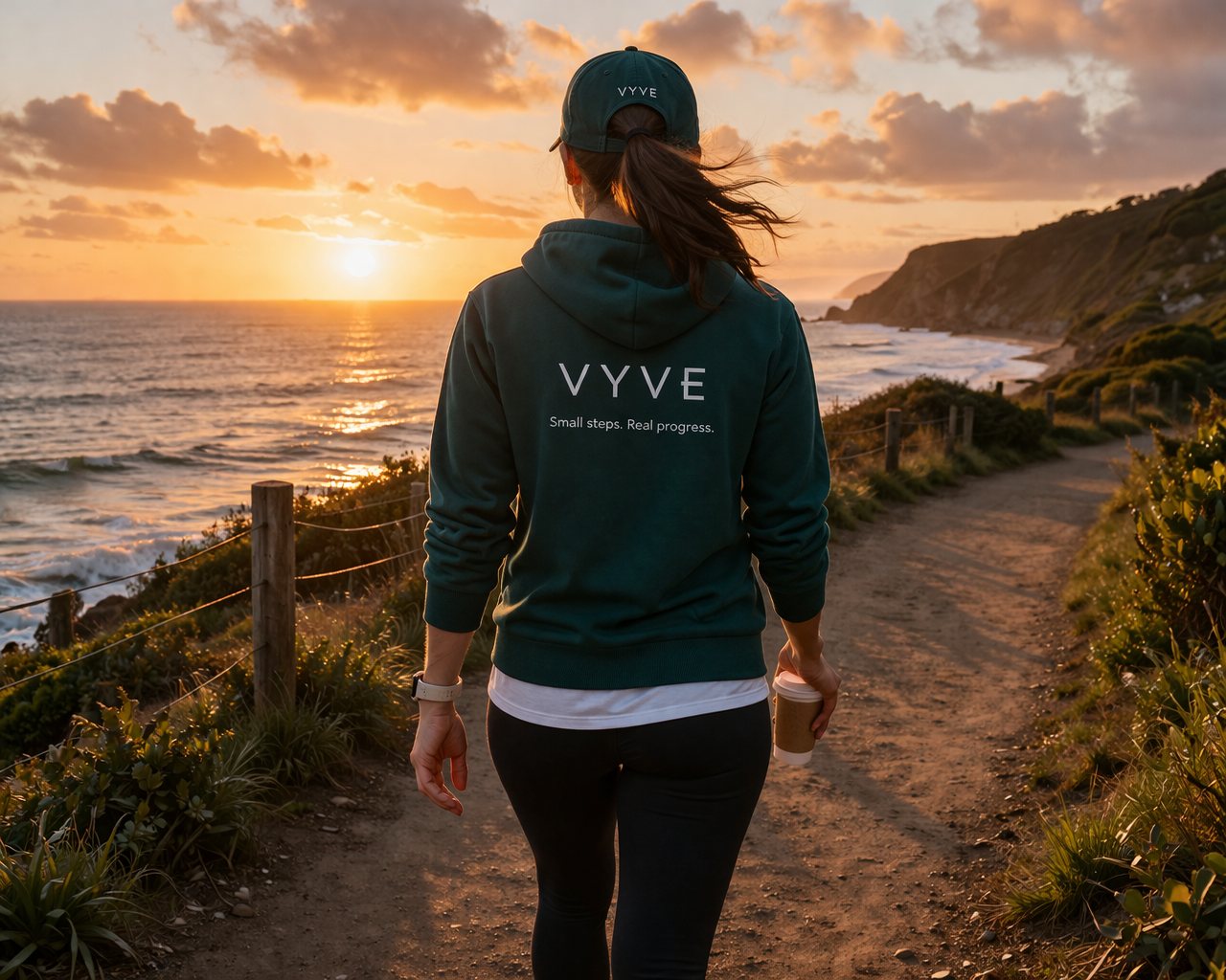 Woman in a VYVE hoodie walking a clifftop path at sunset
