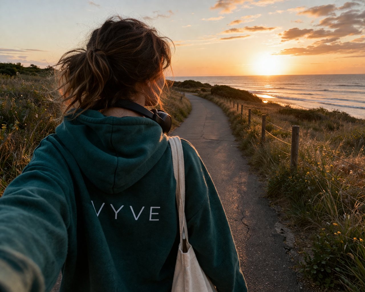 Woman in a VYVE hoodie on an evening coastal walk