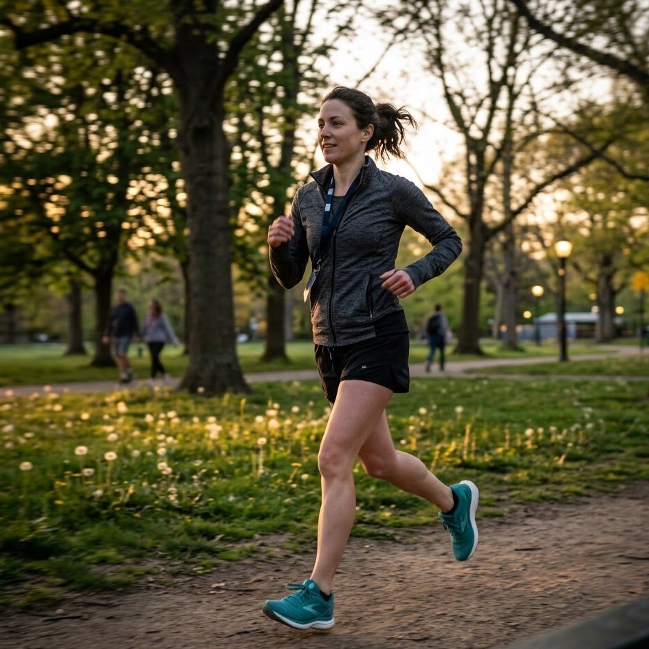 Woman running through a park at golden hour