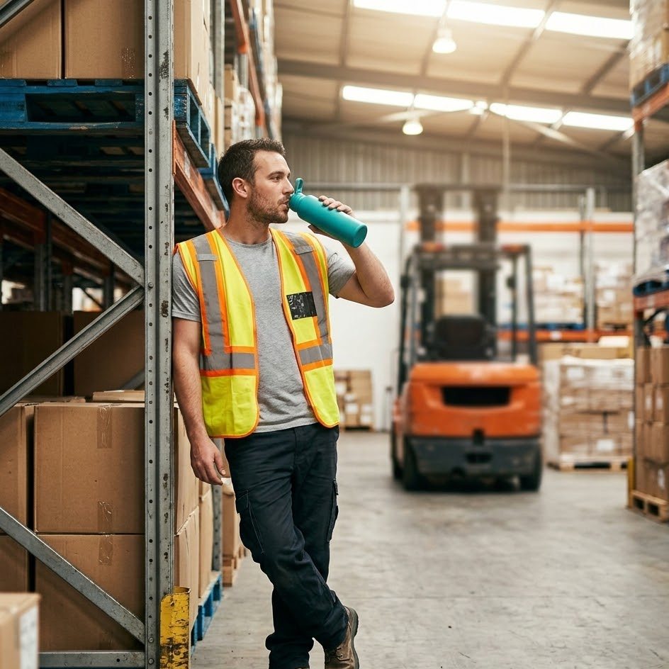 Warehouse worker in hi-vis taking a water break